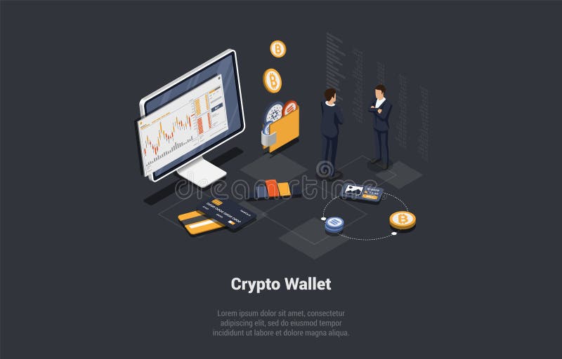Concept Of Crypto Wallet. Crypto Traders Buy Cryptocurrency And Hold It On Custodial And Non-Custodial Wallets. People royalty free illustration