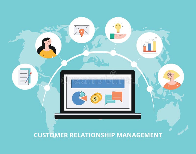 Concept of customer relationship management system, crm concept with laptop and icon on the background of the world map, vector flat illustration. Customer relationship software banner vectors