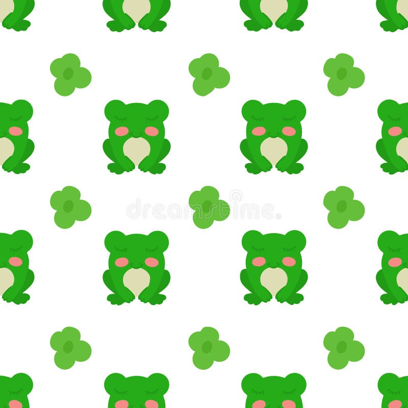 Concept of cute frog pattern. Repeating joyful frogs and green flowers. White background. Vector illustration. Design