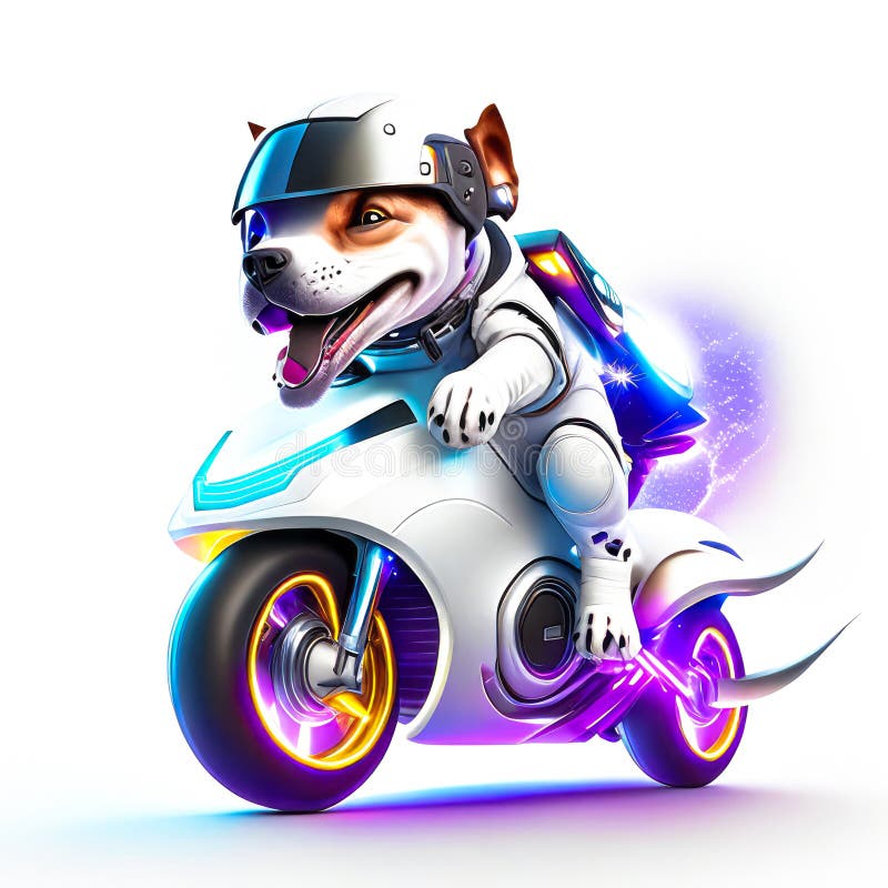 Picture of Concept cute pitbull riding a futuristic motocycle on white background