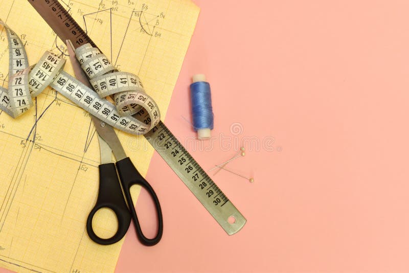 Seamstress Tools. Threads, Scissors, Pattern and Ruler for Sewing Stock Image Image of coil