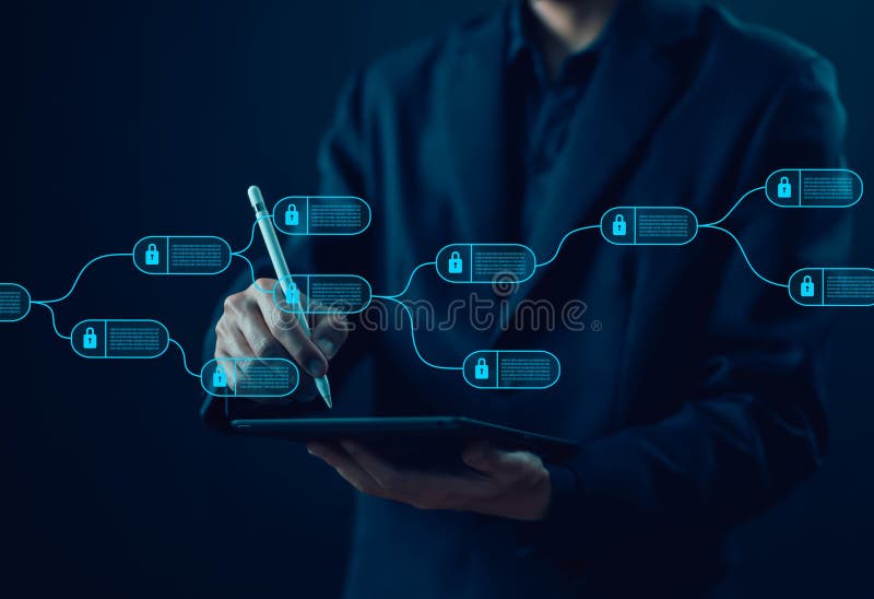 Concept cyber security financial, cryptocurrency digital. blockchain technology ledger data algorithm linked together in a chain. The system Payments and transactions to secure business networks