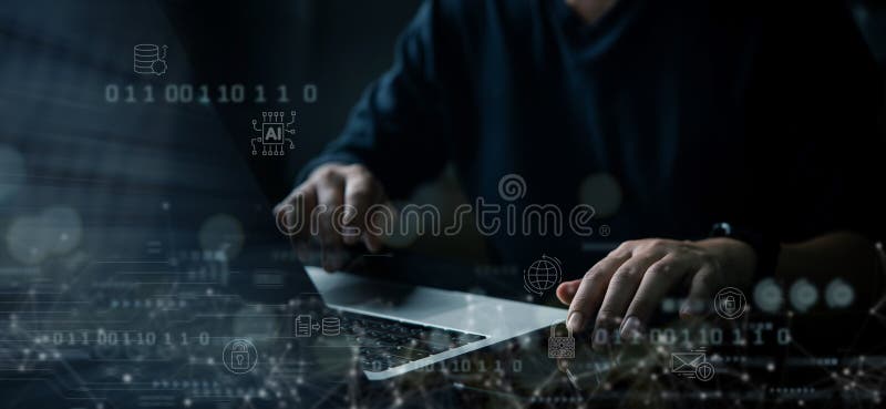 Concept of cyber security with person working on laptop, AI artificial intelligence interface, secure network, data protection, binary code and digital safety system. Shield artificial intelligence stock images, royalty-free photos and pictures