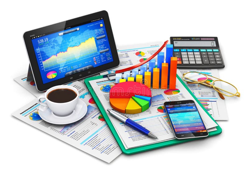 Creative abstract mobile office, stock exchange market trading, statistics accounting, financial development and banking business concept: modern tablet computer PC and black glossy touchscreen smartphone or mobile phone with stock market application software, growth bar chart and pie diagram, ballpoint pen, electronic calculator, golden eyeglasses, report documents and cup of fresh hot coffee drink isolated on white background. Creative abstract mobile office, stock exchange market trading, statistics accounting, financial development and banking business concept: modern tablet computer PC and black glossy touchscreen smartphone or mobile phone with stock market application software, growth bar chart and pie diagram, ballpoint pen, electronic calculator, golden eyeglasses, report documents and cup of fresh hot coffee drink isolated on white background