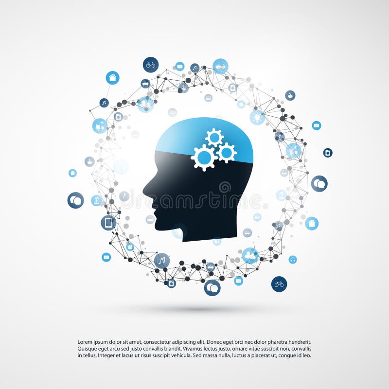 Concept d'apprentissage automatique, d'intelligence artificielle et de construction de réseaux avec les icônes et la tête humaine illustration libre de droits Concept d'apprentissage automatique, d'intelligence artificielle et de construction de réseaux avec les icônes et la tête humaine illustration libre de droits