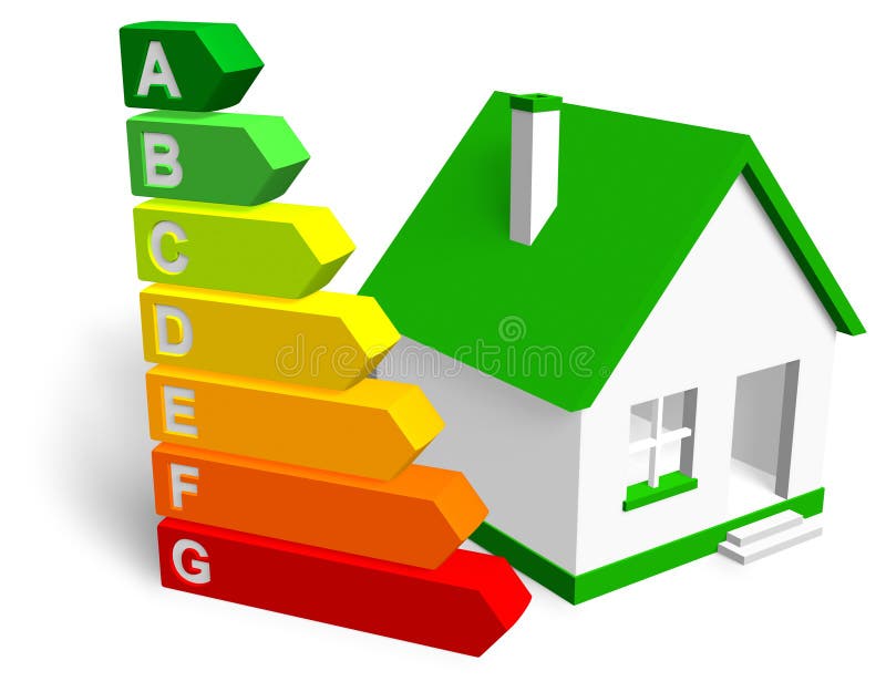 Energy efficiency chart and residential house isolated over white background. Energy efficiency chart and residential house isolated over white background