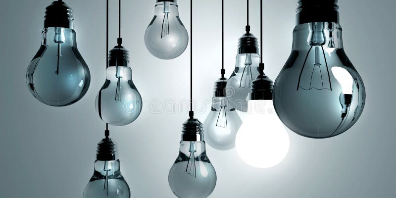 Idea concept, Hanging light bulbs with glowing one isolated on dark blue background . 3d rendering. Idea concept, Hanging light bulbs with glowing one isolated on dark blue background . 3d rendering