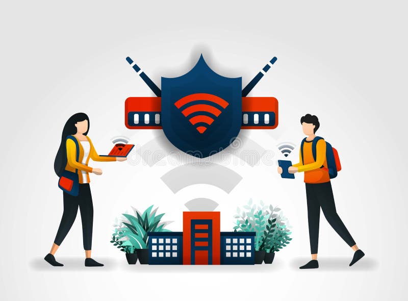 Vector illustration concept. students are accessing internet safely using a wifi network and shield. network security check securing wifi with help of security services company and security companies.can be use for landing page, web ui, banner, poster, template, flyer. can also be for various fields of business and industry from technology, finance, banking, investment, security, offices, retail, marketing, information, advertising, printing, internet, online, delivery, culinary, food and much more. Vector illustration concept. students are accessing internet safely using a wifi network and shield. network security check securing wifi with help of security services company and security companies.can be use for landing page, web ui, banner, poster, template, flyer. can also be for various fields of business and industry from technology, finance, banking, investment, security, offices, retail, marketing, information, advertising, printing, internet, online, delivery, culinary, food and much more