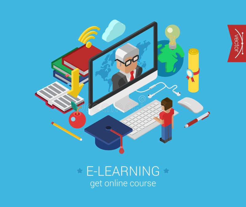 Concept 3d isométrique plat d'apprentissage en ligne en ligne de cours de formation