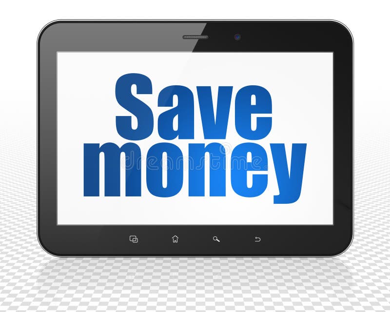 Concept d'opérations bancaires : Marquez sur tablette l'ordinateur de PC avec épargnent l'argent sur l'affichage photo stock Concept d'opérations bancaires : Marquez sur tablette l'ordinateur de PC avec épargnent l'argent sur l'affichage photo stock