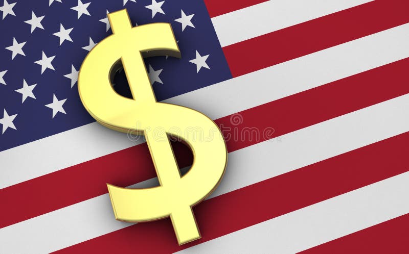 United States Of America economy concept with US flag and golden money USA dollars currency symbol. United States Of America economy concept with US flag and golden money USA dollars currency symbol.