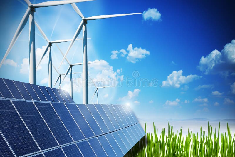 Concept d'énergie renouvelable avec les panneaux solaires et les turbines de vent sur le champ vert images libres de droits Concept d'énergie renouvelable avec les panneaux solaires et les turbines de vent sur le champ vert images libres de droits