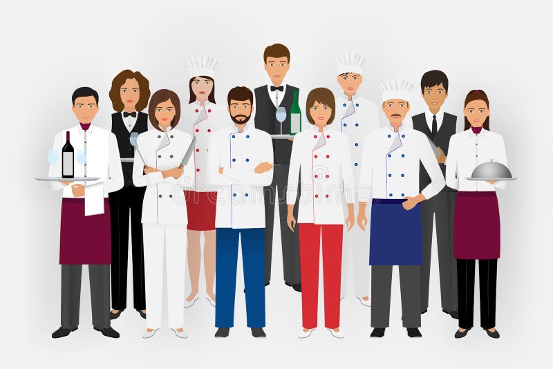 Concept d'équipe de restaurant d'hôtel dans l'uniforme Groupe de caractères de restauration tenant ensemble le chef, le cuisinier illustration libre de droits Concept d'équipe de restaurant d'hôtel dans l'uniforme Groupe de caractères de restauration tenant ensemble le chef, le cuisinier illustration libre de droits