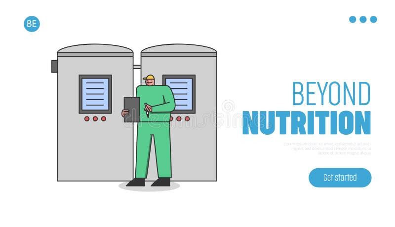 Concept Of Dairy Production. Website Landing Page. Operator Manages By Equipment, Controls Milk Filling stock illustration