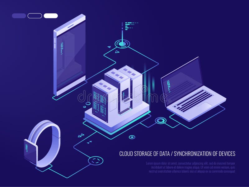 Concept of data network management. Vector isometric map with business networking servers, computers and devices. Cloud stock illustration