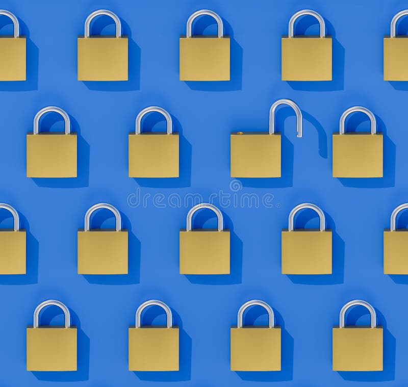 Concept Data Security Breach: A seamlessly tileable image of an array of closed padlocks with one wide open padlock vector illustration