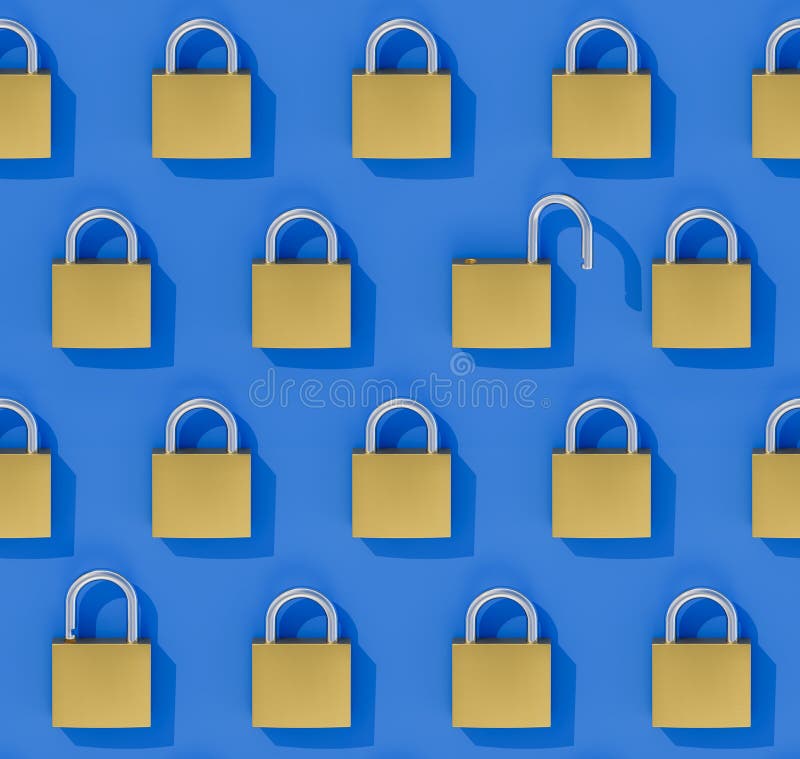 Concept Data Security Breach: A seamlessly tileable image of an array of closed padlocks with one wide open padlock royalty free illustration