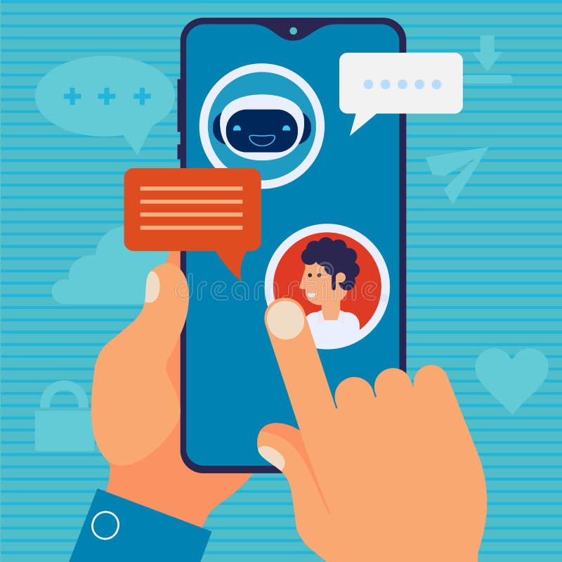 Concept de aplicație mobilă chatbot-bot. ilustrare vectorială de design plat cu șanț stock illustration