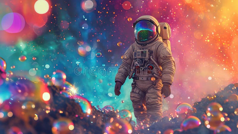 Concept de artă pop vibrantă : un astronaut care explorează o galaxie cu bule colorate pe o altă planetă stock image