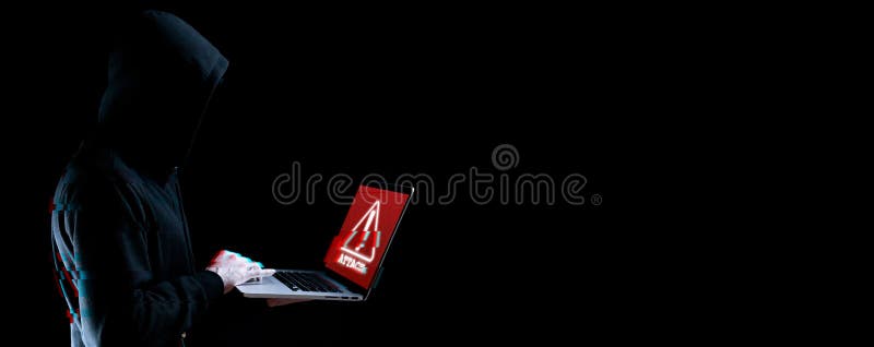 Concept de atacator cibernetic. tehnologie internet web hack. laptop digital neclar în mână hacker-man izolat pe negru stock images