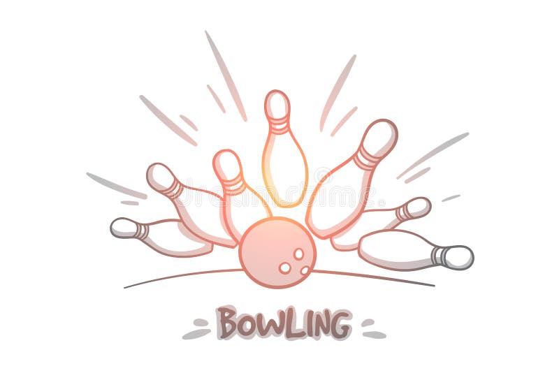 Bowling concept. Hand drawn skittles and bowling ball on the playing field. Bowling ball is making a strike isolated vector illustration. Bowling concept. Hand drawn skittles and bowling ball on the playing field. Bowling ball is making a strike isolated vector illustration.