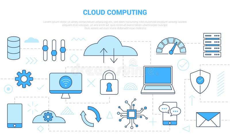 Cloud computing concept with icon line style set template banner with modern blue color vector illustration. Cloud computing concept with icon line style set template banner with modern blue color vector illustration