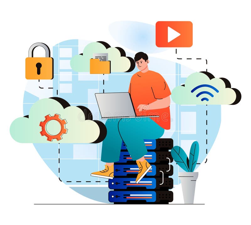 Concept de calcul de tip cloud în design plat modern. utilizatorii lucrează la notebook și utilizează tehnologii cloud. conexiune vector illustration