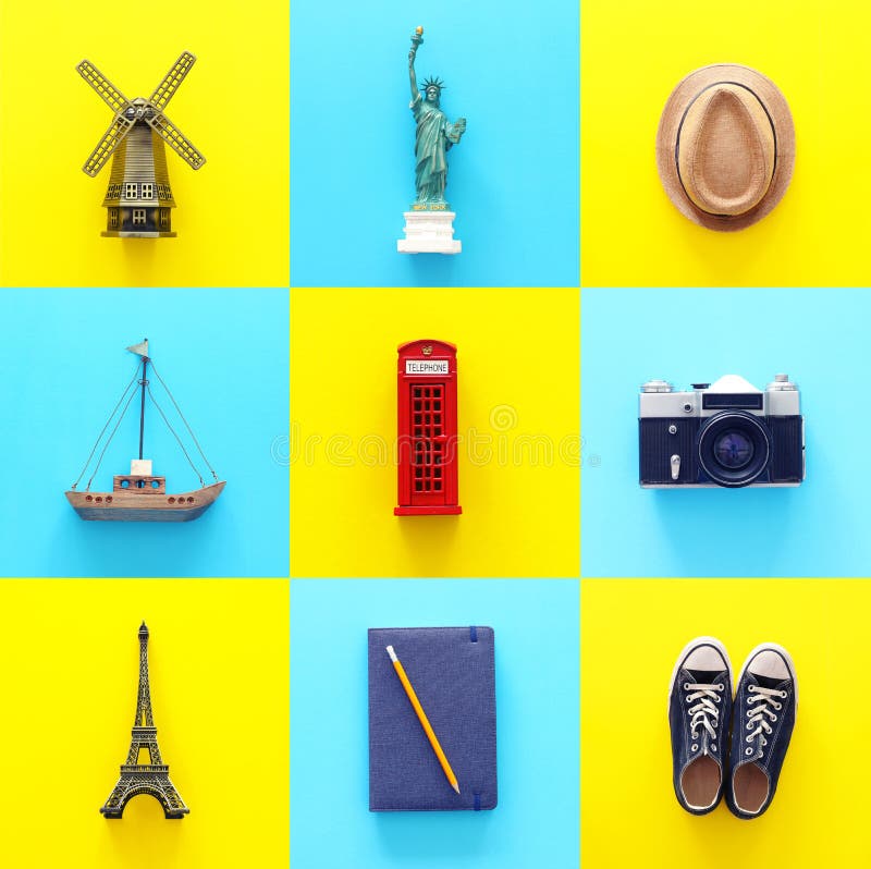 Concept de collage de voyage avec des symboles et des ic?nes du monde Vue sup?rieure images libres de droits Concept de collage de voyage avec des symboles et des ic?nes du monde Vue sup?rieure images libres de droits
