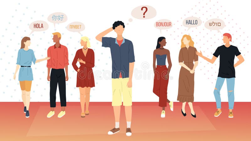 Concept de comunicare socială. tinerii din diferite colțuri ale lumii se întâmpină în diferite limbi royalty free illustration
