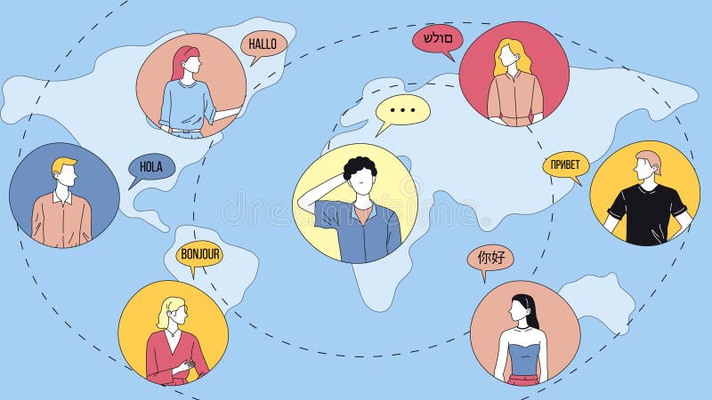 Concept de comunicare și cunoaștere. tinerii din diferite părți ale planetei se întâmpină pe glob stock illustration