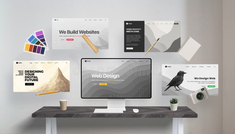 Concept de conception Web avec des sites Web flottants à écran principal et des outils de conception traditionnels photographie stock libre de droits