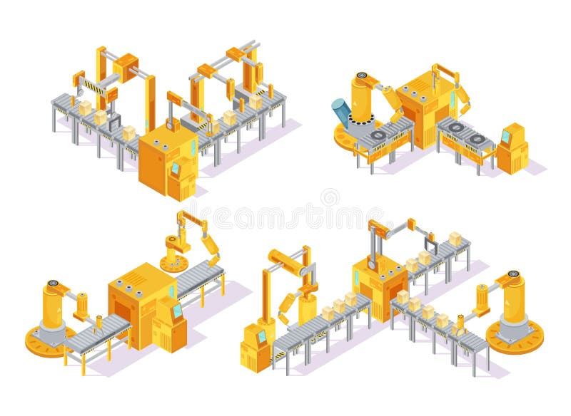 Concept de construction isométrique de système de convoyeur illustration de vecteur Concept de construction isométrique de système de convoyeur illustration de vecteur