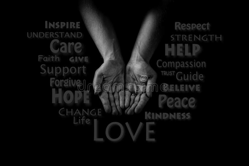 Concept de coup de main Équipez les paumes de mains du ` s, en donnant l'amour de soin et l'appui Word CLOUD photographie stock libre de droits