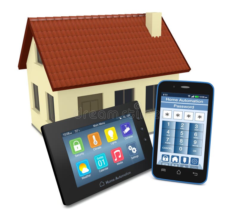 Control panel for home automation system with a smartphone with an app for remote control and a small house on background (3d render). Control panel for home automation system with a smartphone with an app for remote control and a small house on background (3d render)