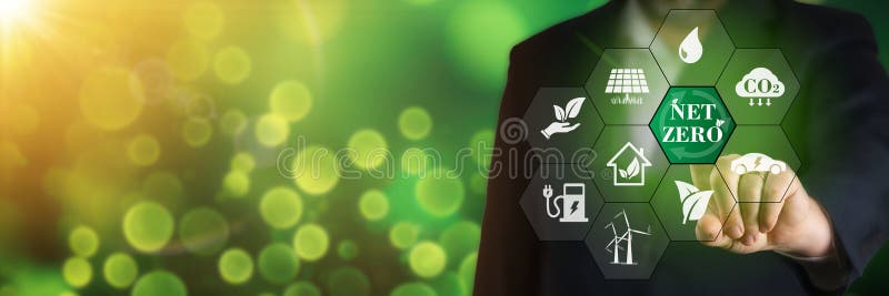 Concept de energie regenerabilă fără emisii nete. informații nete de zero în smartphone stock illustration