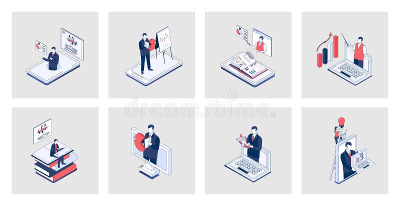 Business training concept of isometric icons in 3d isometry design for web. Professional conference for skills development, job coaching and consulting lectures, video seminars. Vector illustration. Business training concept of isometric icons in 3d isometry design for web. Professional conference for skills development, job coaching and consulting lectures, video seminars. Vector illustration