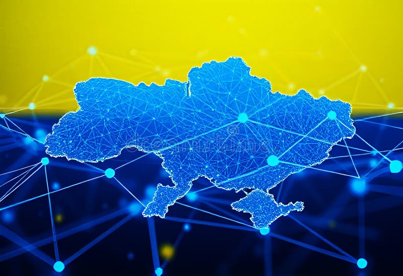 Concept de hartă digitală futuristă abstractă a Ucrainei în culorile albastru și galben pentru conexiuni comerciale stock illustration