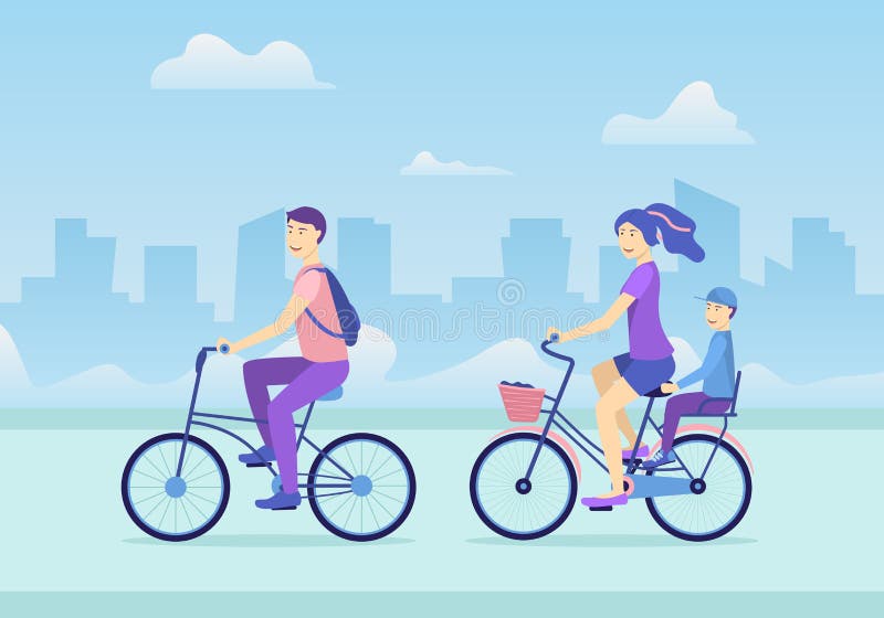 Concept de la famille actif de mode de vie de bande dessinée sur une scène de fond de paysage de ville Vecteur illustration stock Concept de la famille actif de mode de vie de bande dessinée sur une scène de fond de paysage de ville Vecteur illustration stock