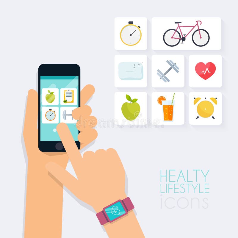 Concept de la forme physique APP sur l'écran tactile Téléphone portable et traqueur dessus illustration libre de droits Concept de la forme physique APP sur l'écran tactile Téléphone portable et traqueur dessus illustration libre de droits
