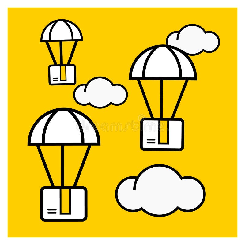 Concept de la livraison de colis Le paquet de boîte volent sur des parachutes illustration libre de droits Concept de la livraison de colis Le paquet de boîte volent sur des parachutes illustration libre de droits