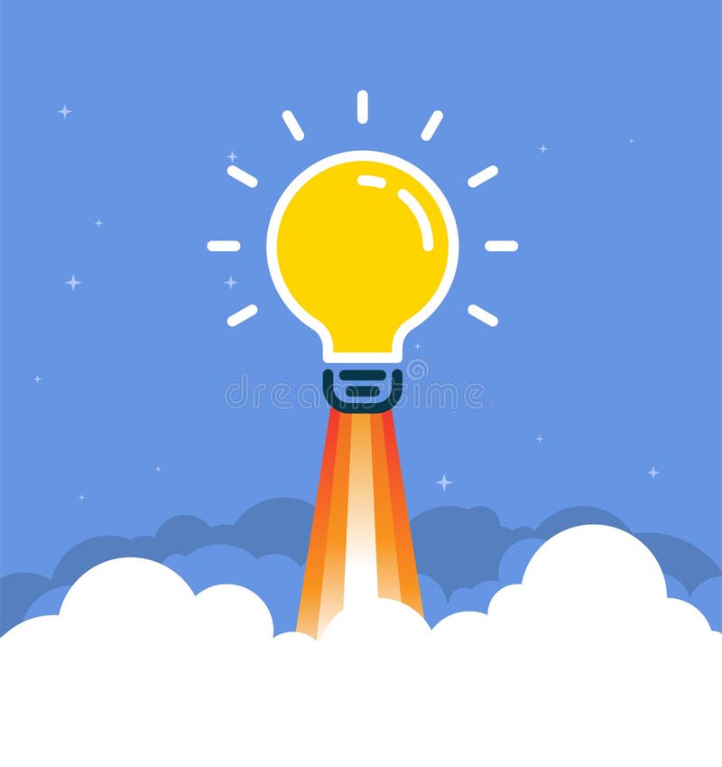 Concept de lansare a rachetei de la becul electric. design vectorial Lightbulb desen animat cu o idee creativă unică. vector illustration
