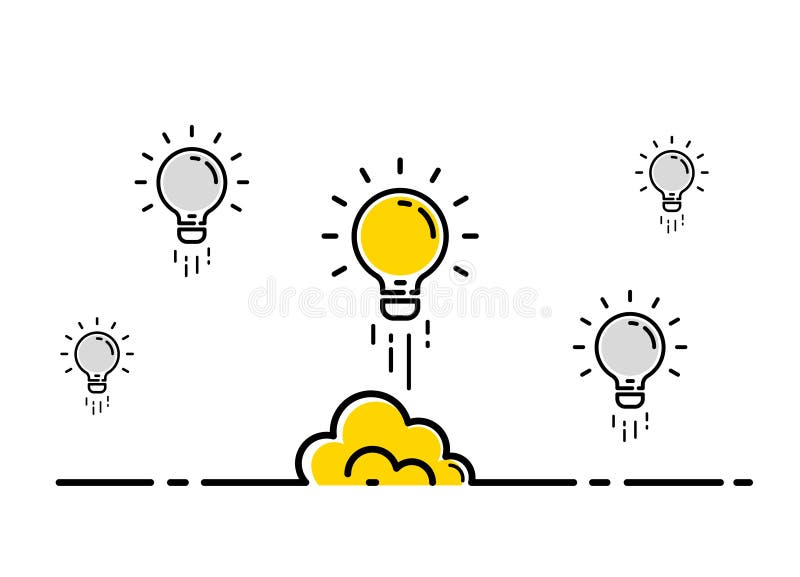Concept de lansare a rachetei în vederea detectării semnalului luminos al lămpii. design vectorial cu bec, desen animat, idee crea royalty free illustration