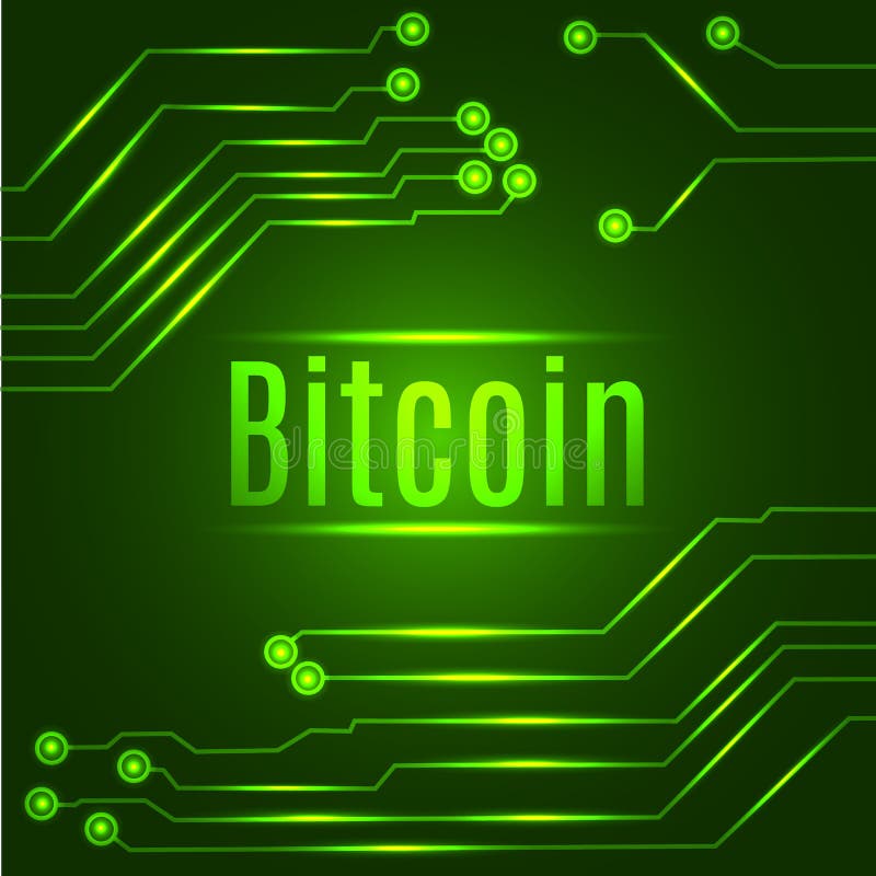 Concept de monedă digitală Bitcoin verde pe placa de circuite. royalty free illustration
