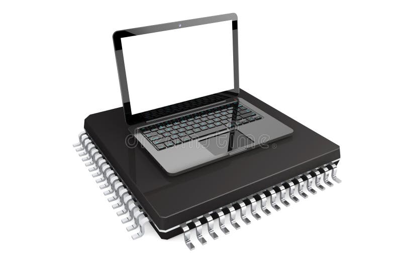 Concept de nouvelle technologie. Ordinateur portable moderne au-dessus de puce micro illustration stock Concept de nouvelle technologie. Ordinateur portable moderne au-dessus de puce micro illustration stock