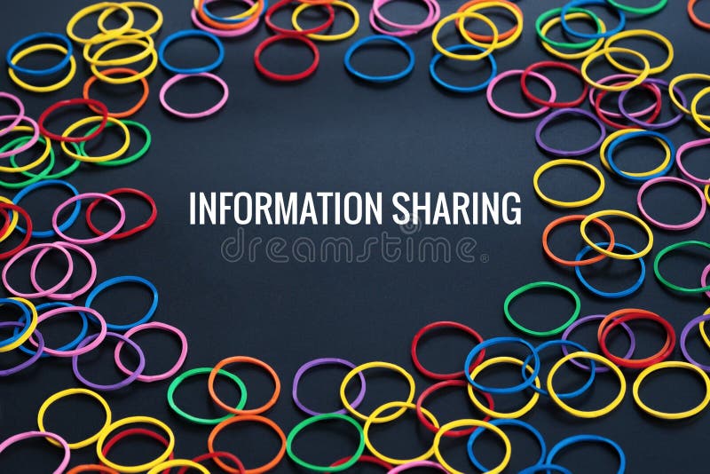 Information sharing concept, colorful rubber band with word Information Sharing on black background. Information sharing concept, colorful rubber band with word Information Sharing on black background