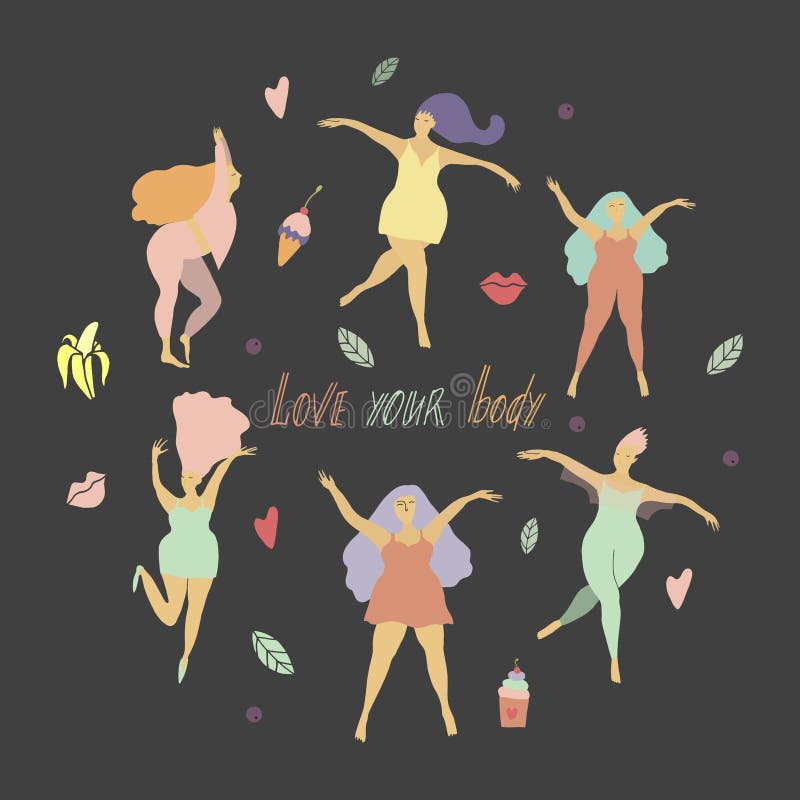 Concept de positivit? de corps Filles heureuses et ensemble diff?rent d'objets Illustration plate de vecteur illustration libre de droits Concept de positivit? de corps Filles heureuses et ensemble diff?rent d'objets Illustration plate de vecteur illustration libre de droits