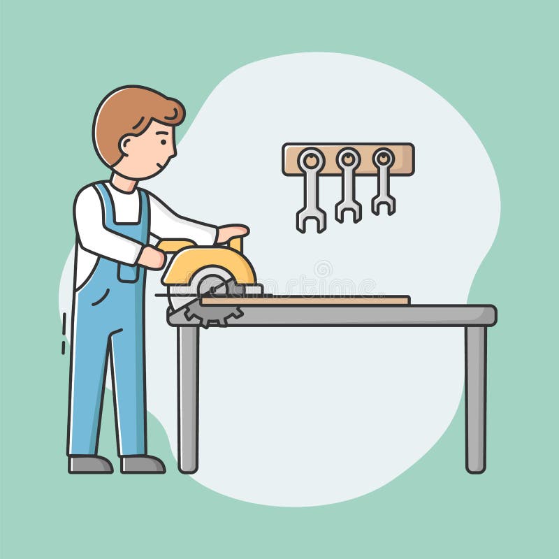 Concept de profesie în comun. dulgher profesional tânăr, în uniformă cu unelte de lucru, cu fierăstrău de masă pentru tăierea bucă vector illustration