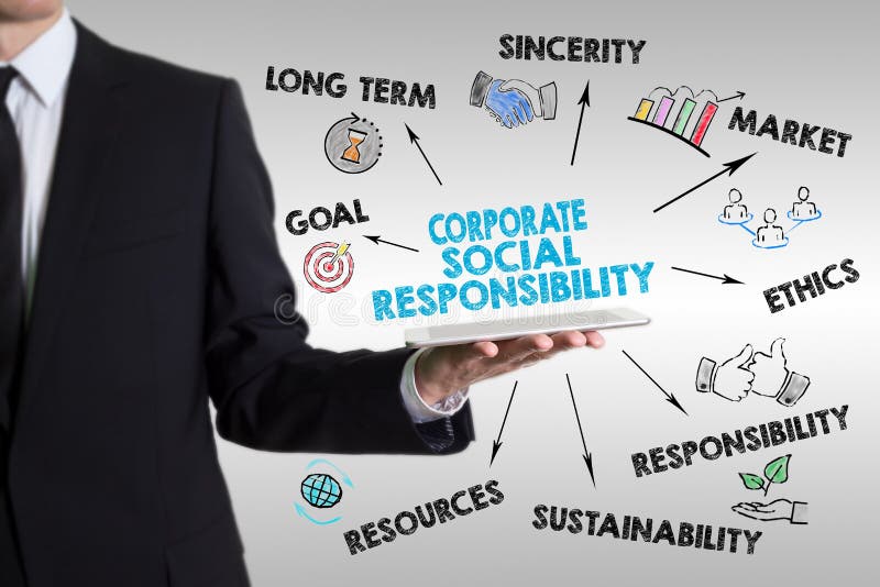 Concept de responsabilitate socială corporativă. om care deține un comprimat royalty free stock image