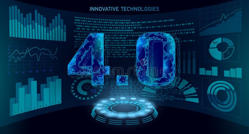 Concept de revoluție industrială viitor cu nivel scăzut de poli. afișaj cu husă asamblat în număr de 40. industrie online de tehno vector illustration