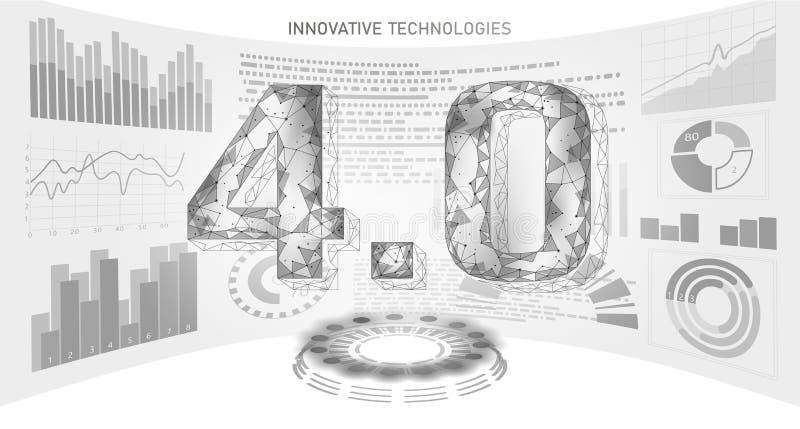 Concept de revoluție industrială viitor cu nivel scăzut de poli. afișaj cu husă asamblat în număr de 40. industrie online de tehno vector illustration